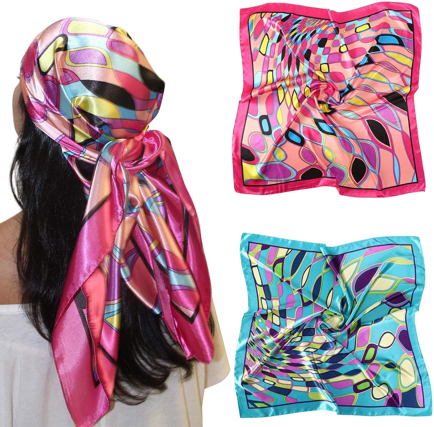 35” Large Satin Square Head Scarf - 2Pcs Silk Like Floral Head Scarves Square Satin Hair Scarf Bandanas for Women