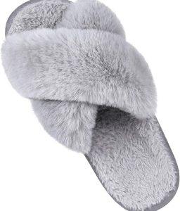 Women's Cross Band Fuzzy Slippers Fluffy Open Toe House Slippers Cozy Plush Bedroom Shoes Indoor Outdoor